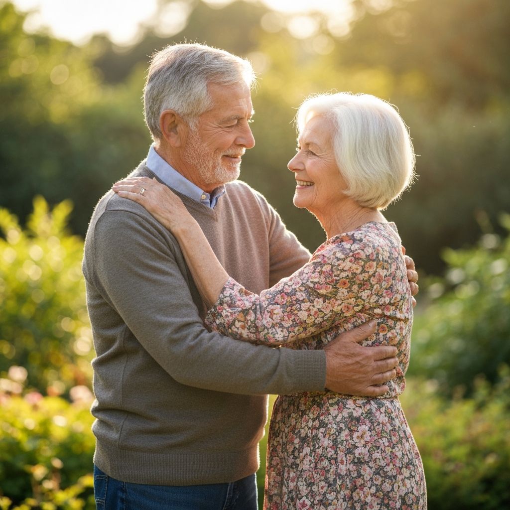 Senior couple hugging outdoors